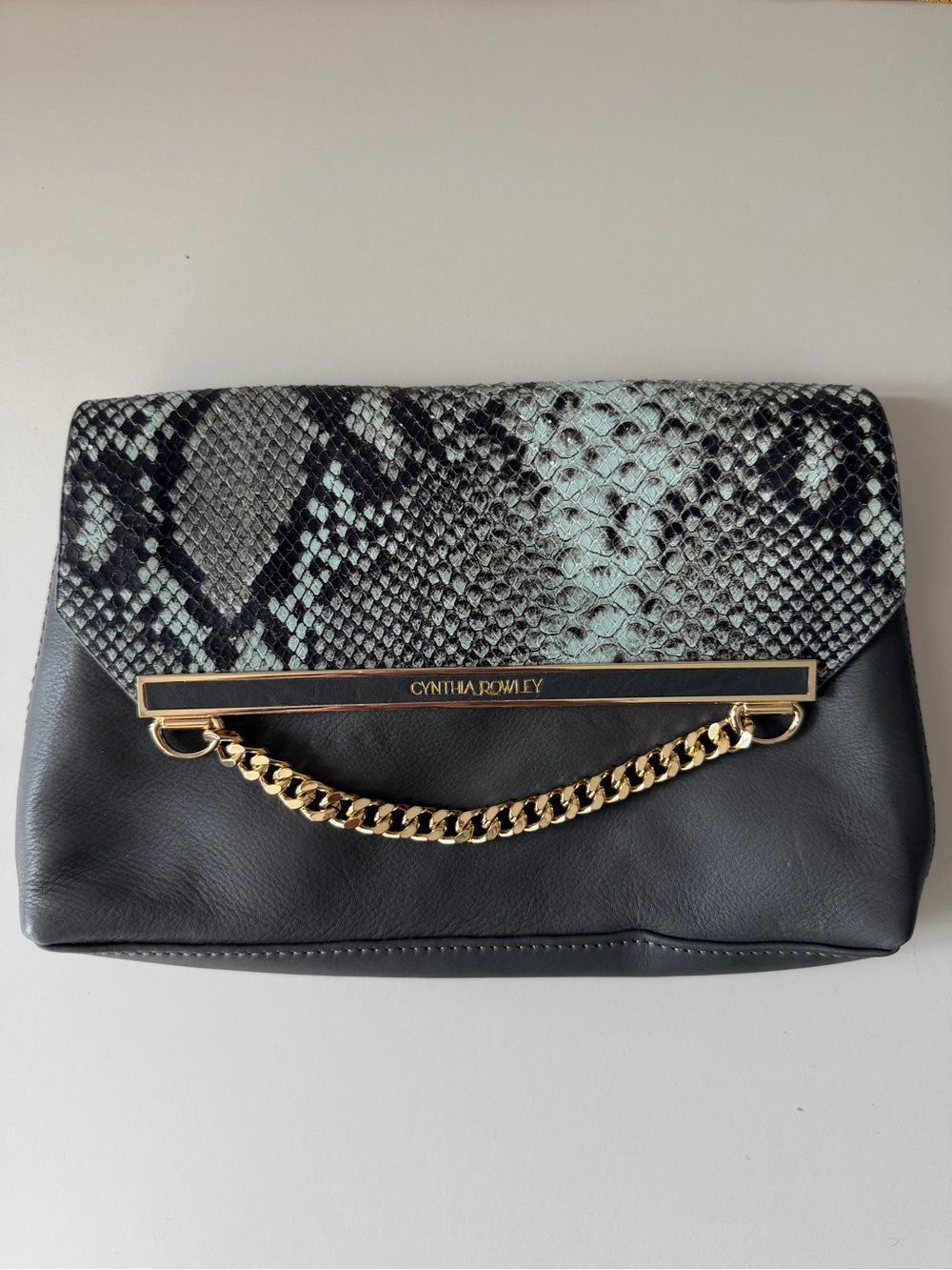 Cynthia Rowley Black Leather Clutch with Turquoise Snake-Print Flap & Gold Chain